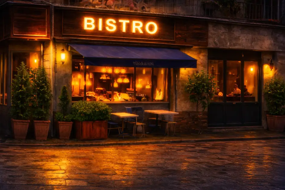 Rotulación exterior de restaurante en Barcelona con letras corpóreas luminosas en fachada tipo bistro.
