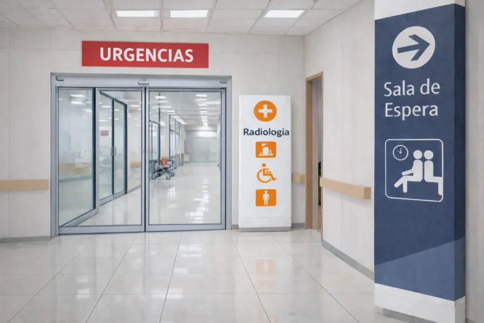 Señalización interior en clínica sanitaria con indicaciones de urgencias y radiología para orientar a pacientes.